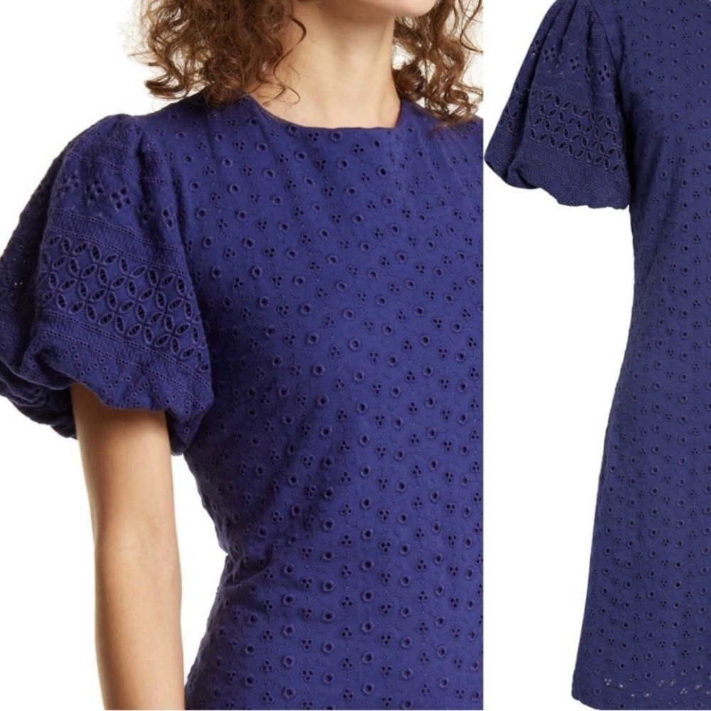 Free People Apricot Rose Puff Sleeve Eyelet Dress Indigo Mini Dress sz M